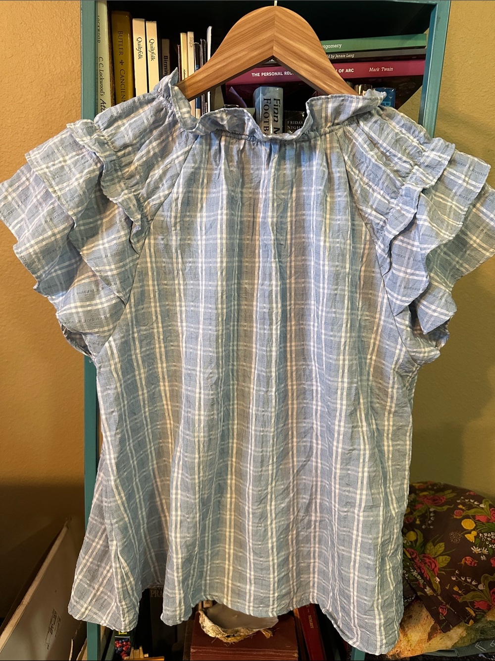 Blu Pepper Light Blue Plaid Ruffle Sleeve Tie-Neck Top - Picture 8 of 11